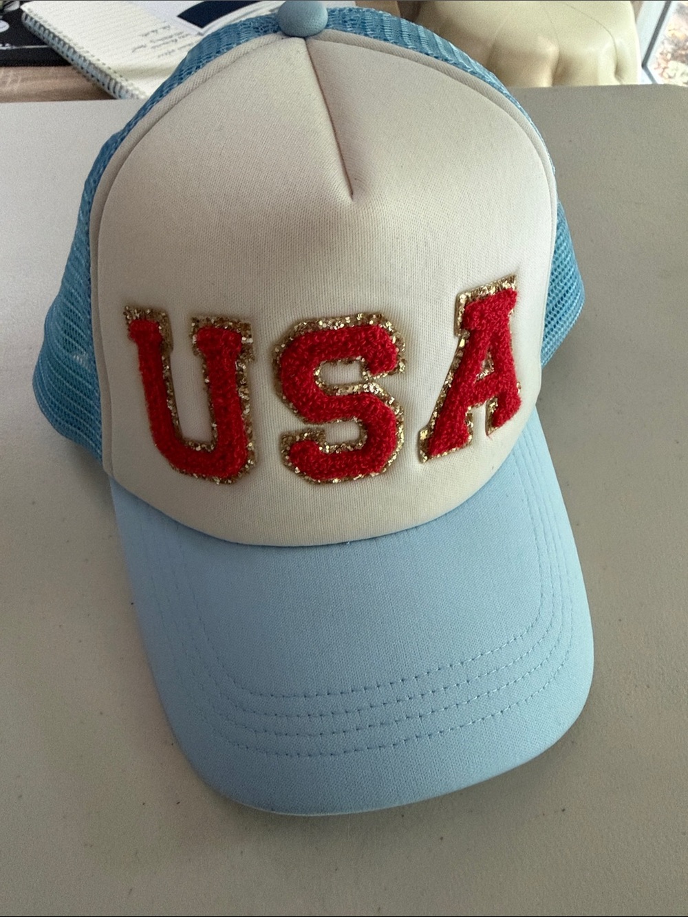 USA Sequin Patch Trucker Hat - Light Blue & White